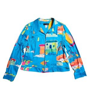 Elizabeth Dalton Abstract Village Print Full Zip Jacket Womens 16 Cotton Blend